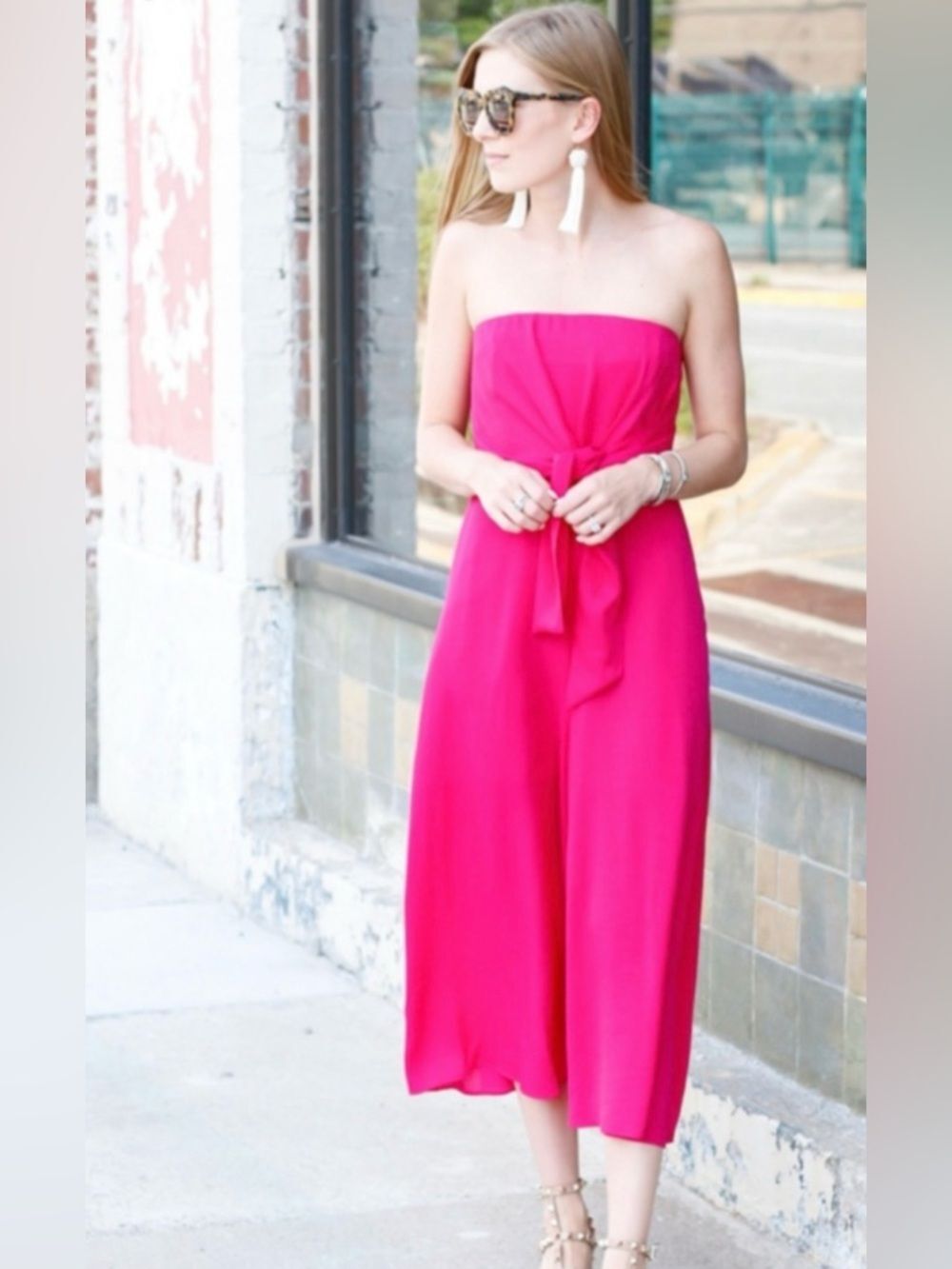 Anthropologie Maeve Strapless Tie-Waist Wide-Leg Crop Jumpsuit Hot Pink Casual
